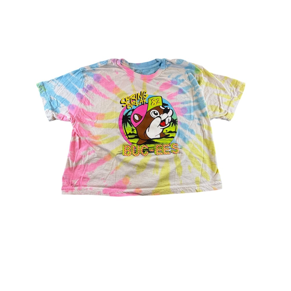 Buc-ee's Spring Break 82 Tie Dye Graphic Crop T-Shirt Pastel Pink Blue Large
